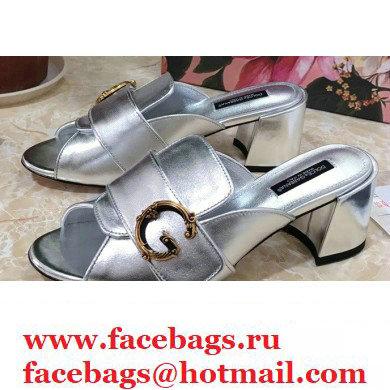 Dolce & Gabbana Heel 6.5cm Leather Sliders Silver With Baroque D & G Logo 2021